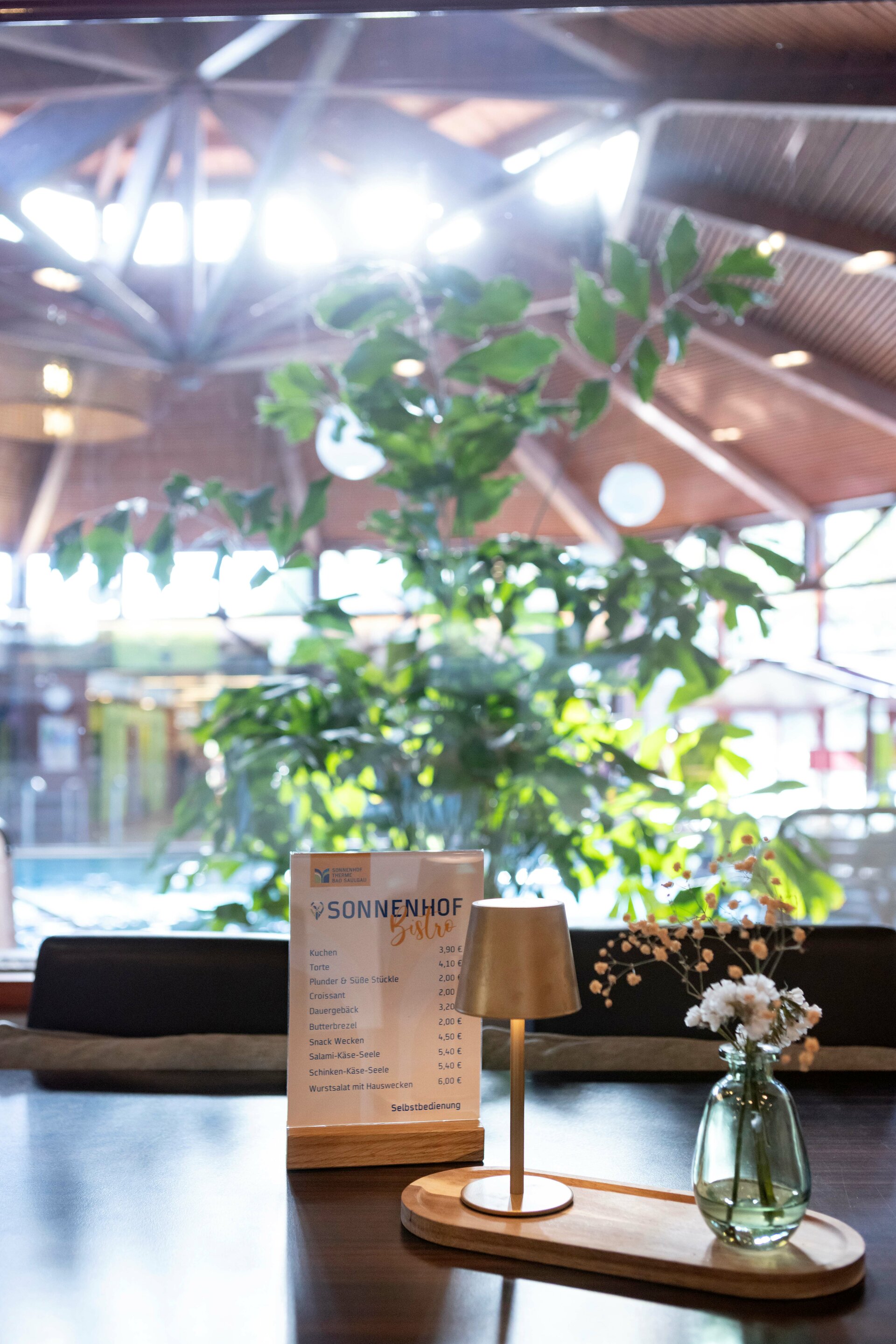 Blick vom Sonnenhof-Bistro in den Badebereich der Therme